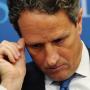 
	US Treasury Secretary Timothy Geithner pauses while addressing a group at the Brookings Institution April 18, 2012 in Washington, DC. Geithner took part in a discussion about the world economy. 
