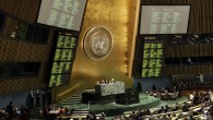 The results of a draft resolution on Palestinian status are posted in the United Nations headquarters, Thursday, November 29 (photo credit: AP/Kathy Willens)