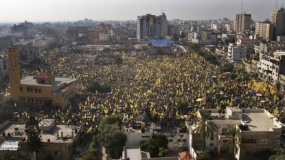 Tens of thousands of Fatah supporters rallying in Gaza City Friday. (photo credit: AP/Adel Hana)