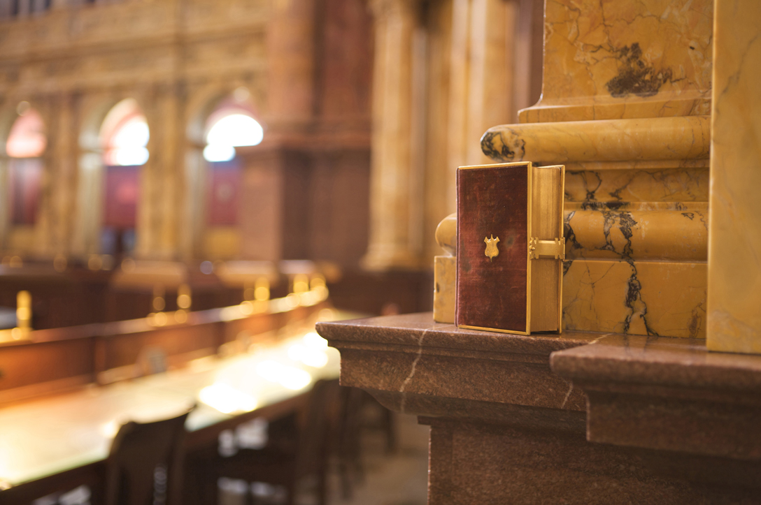 The 1861 Lincoln Inaugural Bible against the backdrop of the Main Reading Room of the Library of Congress