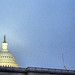 Capitol Dome on foggy evening in #dc, flag flies at half-staff over the Senate.