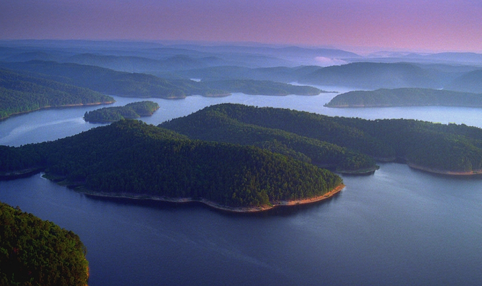 Blue waters shimmer at Broken Bow Lake in southeastern Oklahoma's Beavers Bend State Park.