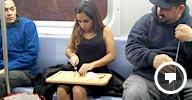 Image: Woman cuts an onion on a New York City subway (Courtesy of foodsherpa via Reddit)