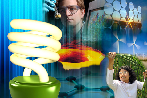 Polymer samples, super computer, solar panels, wind mills, woman handling biofuel crops, molecular structure, compact fluorescent light bulb, plasma