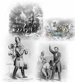 Montage:  Discovery of North America, by John and Sebstian Cabot; The battle of New Orleans, fought Jan. 8th, 1814; A gold hunter on his way to California, via St. Louis; Emancipation of the slaves, proclaimed on the 22nd September 1862, by Abraham Lincoln, President of the United States of America