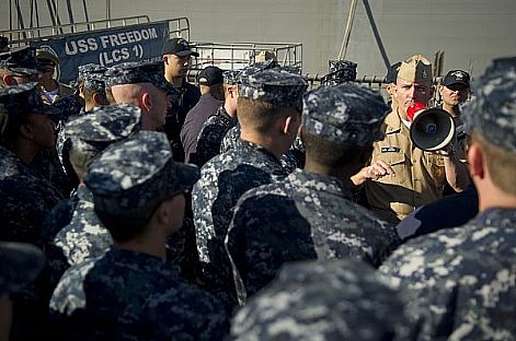 Master Chief Petty Officer of the Navy (MCPON) Michael D. Stevens speaks to Sailors aboard the littoral combat ship USS Freedom (LCS 1) at Naval Base San Diego. The visit was part of MCPON's first trip to San Diego as MCPON.  U.S. Navy photo by Mass Communication Specialist 2nd Class Thomas L. Rosprim (Released)  121212-N-IV546-051