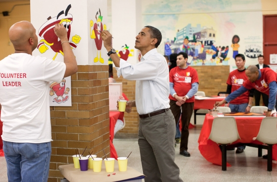 President Barack Obama Helps Paint Pictures of Fruit During a Service Project on Martin Luther King Day