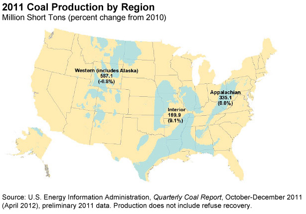 Map showing Coal Production by Coal-Producing Region, 2011 (Million Short Tons). Source: U.S. Energy Information Administration, Annual Coal Report 2011