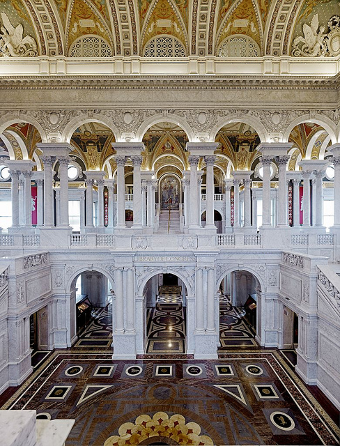 [Great Hall. View from the second floor west corridor. Library of Congress Thomas Jefferson Building, Washington, D.C.] (LOC)