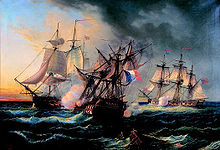 Three ships, the middle one badly damaged and flying a French flag, exchanged cannon fire in heavy seas