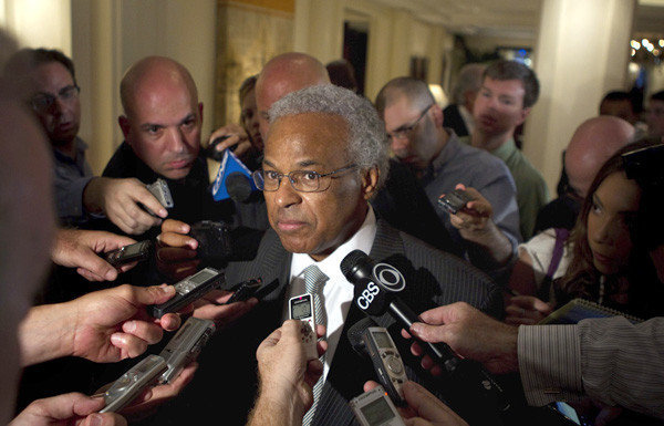 Billy Hunter, executive director of the NBA players union, speaks to reporters after a contract negotiating session last summer.