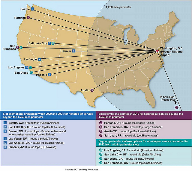 Figure 2: Nonstop Beyond-Perimeter Slot Exemption Destinations from Reagan National from 2000 through 2012