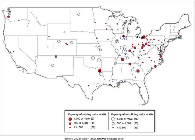 Figure 7: Location and Capacity of Planned Coal-Fueled Generating Unit Retrofits and Retirements through 2020, as of April 9, 2012