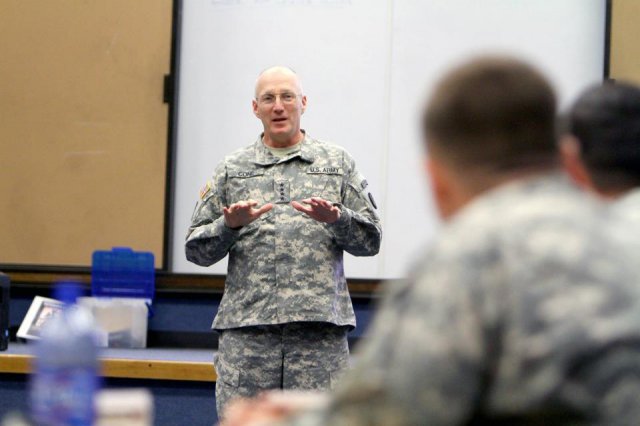 Gen. Robert Cone, commanding general of the U.S. Army Training and Doctrine Command, speaks to noncommissioned officers, warrant officers and company-grade officers at the Army Profession Junior Leader Forum, held at Fort Sill, Okla., Nov. 15-18, 2011, as part of TRADOC's Unified Quest program.