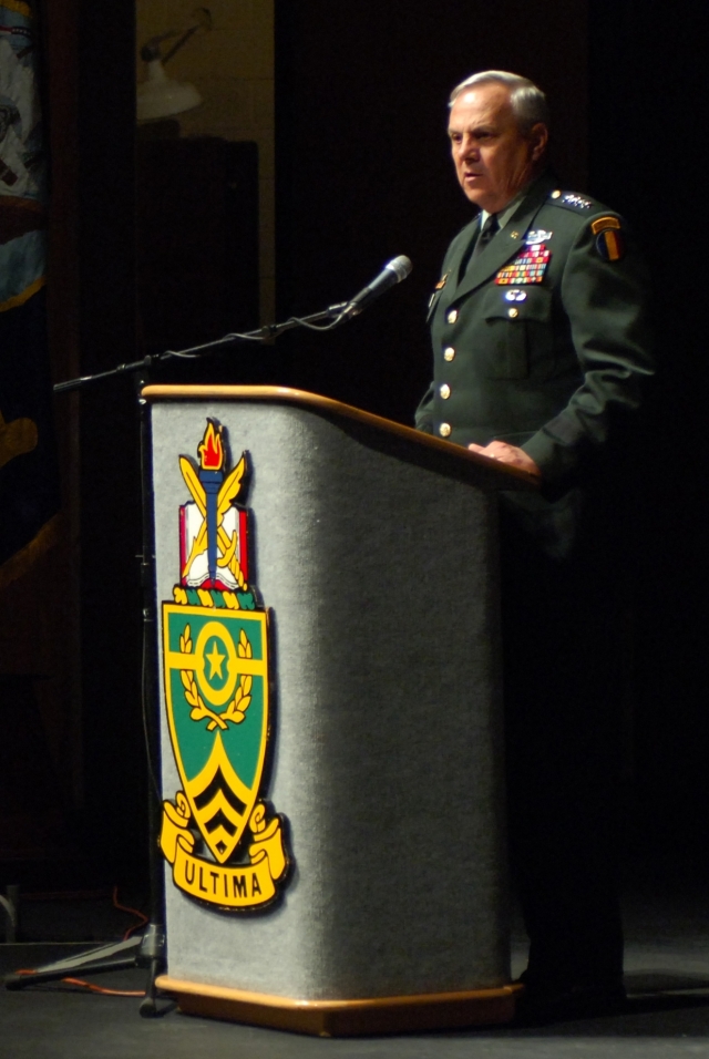 EL PASO, Texas (May 22, 2008) -- Guest speaker Gen. William S. Wallace, TRADOC commanding general, congratulates Sergeants Major Course Class 58 students before presenting each of them with their diplomas.