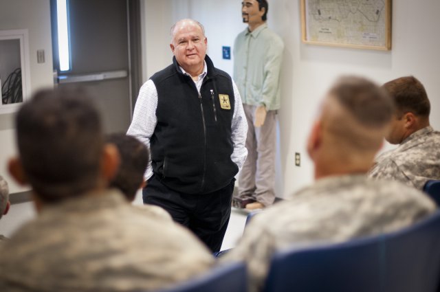 Under Secretary of the Army Joseph W. Westphal talks with senior leaders at the Joint Readiness Training Center (JRTC) about how to most effectively train Soldiers for the future, 18 October 2012, Fort Polk, La.  The purpose of Dr. Westphal's visit to the JRTC was to underscore the extensive capabilities and interdependence of combined operations between Army Conventional and Special Operations Forces as well as to highlight the vital role of the JRTC as the Army trains Soldiers for current missions and prepares for future requirements. (U.S. Army photo by Staff Sgt. Bernardo Fuller)