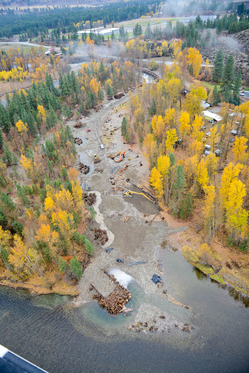 Large woody debris (LWD) piles aligned side channel of the Methow River near Winthrop Wash.  The LWD’s were installed to create habitat for salmon and bull trout – threatened and listed species under the Endangered Species Act.  Photo by David Walsh, Bureau of Reclamation.