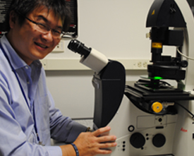 Image of Dr. Mukoyama with the microscope.