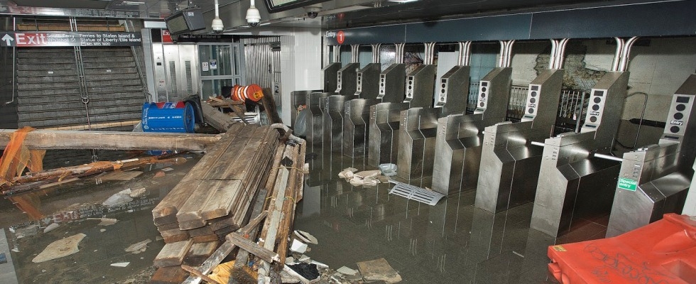 Photograph of flooding in South Ferry subway station