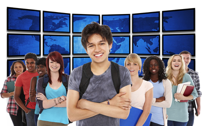 Students in the forefront and monitors in the background forming a map of the world; ThinkStock.com