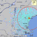 map of the Portland, Maine area with different colors for each county showing the amount of shaking felt in an earthquake centered near Portland