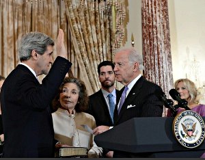 John Kerry is sworn in by Vice President Joe Biden at the State Department. (State Department Photo)