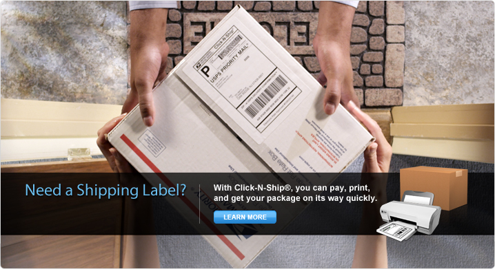 Need a Shipping Label? With Click-N-Ship®, you can pay, print, and get your package on its way quickly. Image of a package being handed over for delivery.
