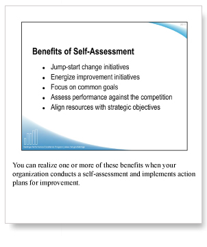 Artwork is example of slide and notes from slide set showing Benefits of Self-Assessment.