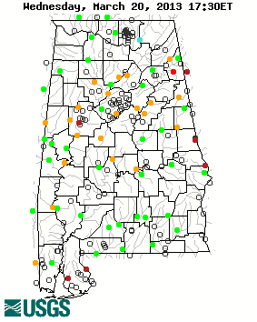 Current streamflow conditions in Alabama; click to go to a live map.