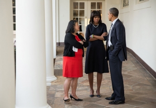 President Barack Obama talks with First Lady Michelle Obama and Tina Tchen, Chief of Staff to the First Lady, on the Colonnade of the White House, Feb. 12, 2013. (Official White House Photo by Pete Souza)