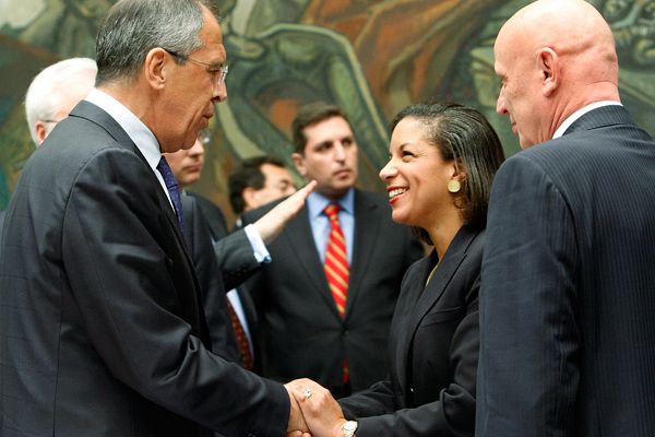 Sergey Lavrov (left), Minister for Foreign Affairs of the Russian Federation, shakes hands with Ambassador Susan E. Rice, U.S. Permanent Representative to the United Nations, at the Security Council Chamber, prior to a Security Council meeting on the situation in the Middle East.