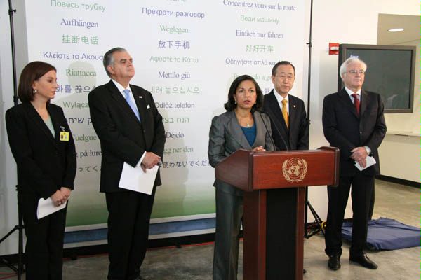 Ambassador Susan E. Rice at a UN Press Conference on the Hazards of Distracted Driving with U.S. Transportation Secretary Ray LaHood, UN Secretary-General Ban Ki-Moon and Russian Ambassador Vitaly Churkin