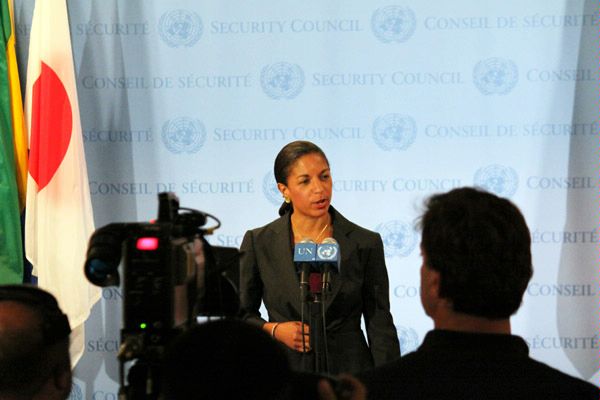 Ambassador Susan E. Rice at a UN Security Council Stakeout on the March 2010 Iraqi Elections