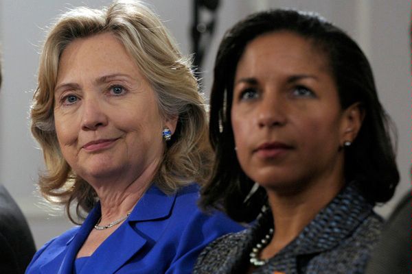 Secretary of State Hillary Rodham Clinton, left, and U.S. Ambassador to the United Nations Susan Rice, right, listens during a bilateral meeting between President Barack Obama and Japanese Prime Minister Naoto Kan in New York City