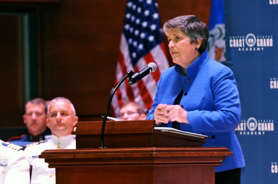 Department of Homeland Security Secretary Janet Napolitano speaks in the Coast Guard Academy's 131th commencement exercise May 16, 2012, in New London , Conn.  In all, 233 cadets received their diplomas and commissions as new ensigns in Coast Guard. U.S. Coast Guard photo by Petty Officer 2nd Class Patrick Kelley.