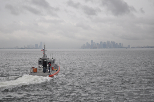 A Coast Guard response boat from Coast Guard Station New York transits the Hudson River. U.S. Coast Guard photo by Petty Officer 3rd Class Barry Bena.