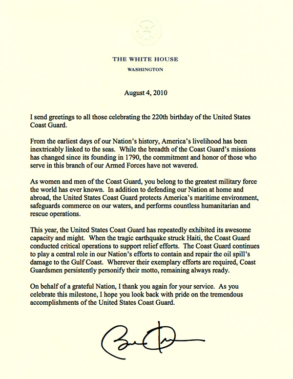 President Obama's letter to the Coast Guard