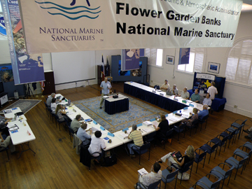 A council meeting taking place in the ballroom of the sanctuary offices.