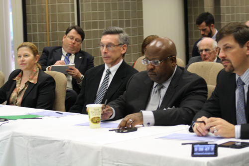 Judges from Volpe's Innovation Challenge included (from left to right) Jo Strang, FRA Associate Administrator for Railroad Safety; Robert Johns, Volpe Center Director; Gregory Winfree, RITA Acting Administrator; Christopher Bonanti, NHTSA Associate Administrator for Rulemaking; and Tony Fazio, FAA Director of the Office of Accident Investigation and Prevention (not pictured her). Tony participated via video teleconference.