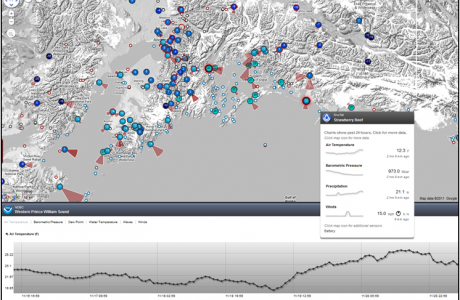 In this view, the colors of the dots reflect relative temperature while the red triangles display wind direction and magnitude. Mousing over any of the dots provides individual graphs for each sensor at that station.