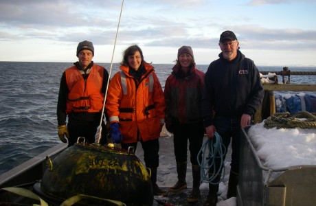 Tim Blackmon (KBRR), Kris Holderied (NOAA), Jasmine Maurer (KBRR) and Sid Wolford (boat captain)