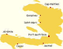 A map of Haiti, with major cities marked