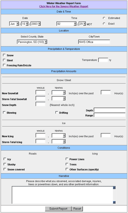 Winter Weather Report Form