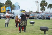 Historical re-enactors from Florida Living Historyfire black powder weapons during a Command Retreat ceremony on the parade field at St. Francis Barracks in St. Augustine, Sept. 16, 2011. The Florida National Guard celebrated the 446th anniversary of the First Muster. Photo by Debra Cox