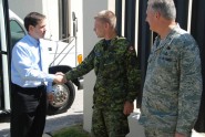 Florida Senator Marco Rubio (left) greets Brig. Gen. Christopher Coates, Continental US NORAD Region Deputy Commander, and Brig. Gen. Joseph Balskus, Commander Florida Air National, during a recent visit to Tyndall Air Force Base, Fla. Courtesy photo