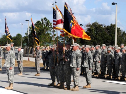Soldiers from the 53rd Infantry Brigade Combat Team stand in formation during the brigade change of command ceremony, Dec. 1, 2012. Photo by Staff Sgt. Aidana Baez)