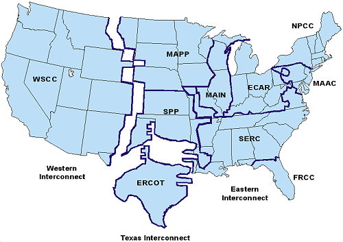 Figure 7.  The Main Interconnections of the U.S. Electric Power Grid and the 10 North American Electric Reliability Council Regions