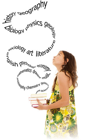 A school girl holding a stack of books looking up reading a variety of curriculum content areas; ThinkStock.com 