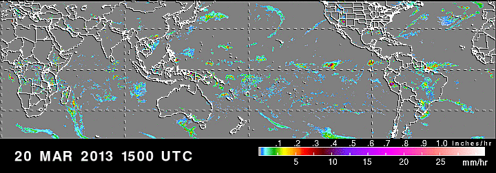 TRMM image of the Earth displaying the last 3 hours of global rainfall accumulation