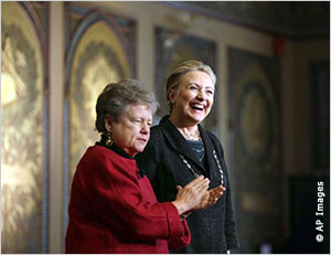 Secretary of State Hillary Rodham Clinton with the Deacon of Georgetown University, Carol Lancaster.